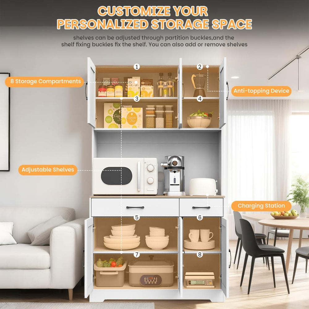 42" Tall Kitchen Pantry Storage Cabinet with Microwave Stand, with Charg...