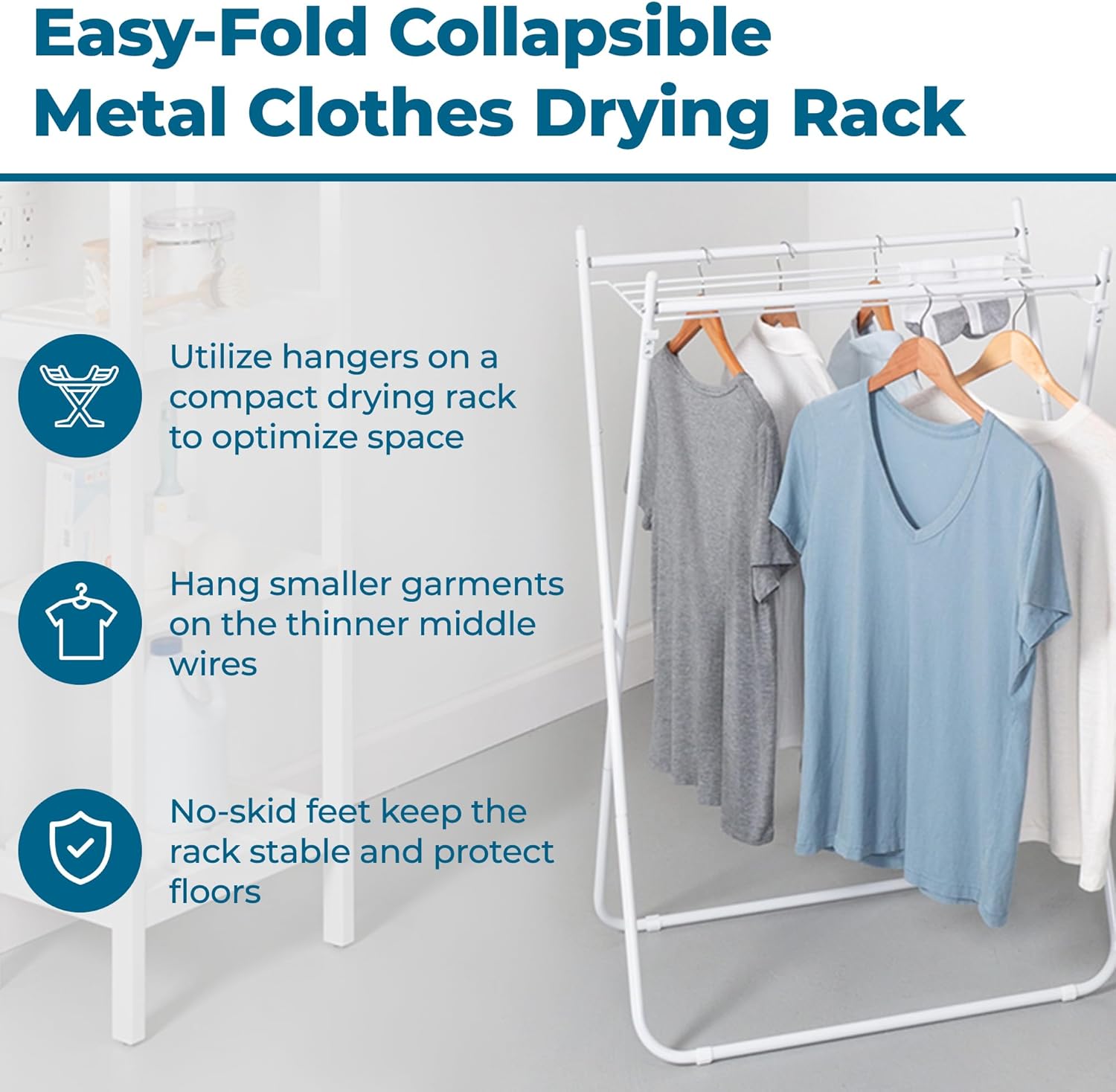 Honey-Can-Do Easy-Fold Collapsible Clothes Drying Rack, Sturdy Metal Laundry Rack Holds 40 lbs, Space-Saving Foldable Towel Rack for Indoor Outdoor Use, Non-Skid Feet, White