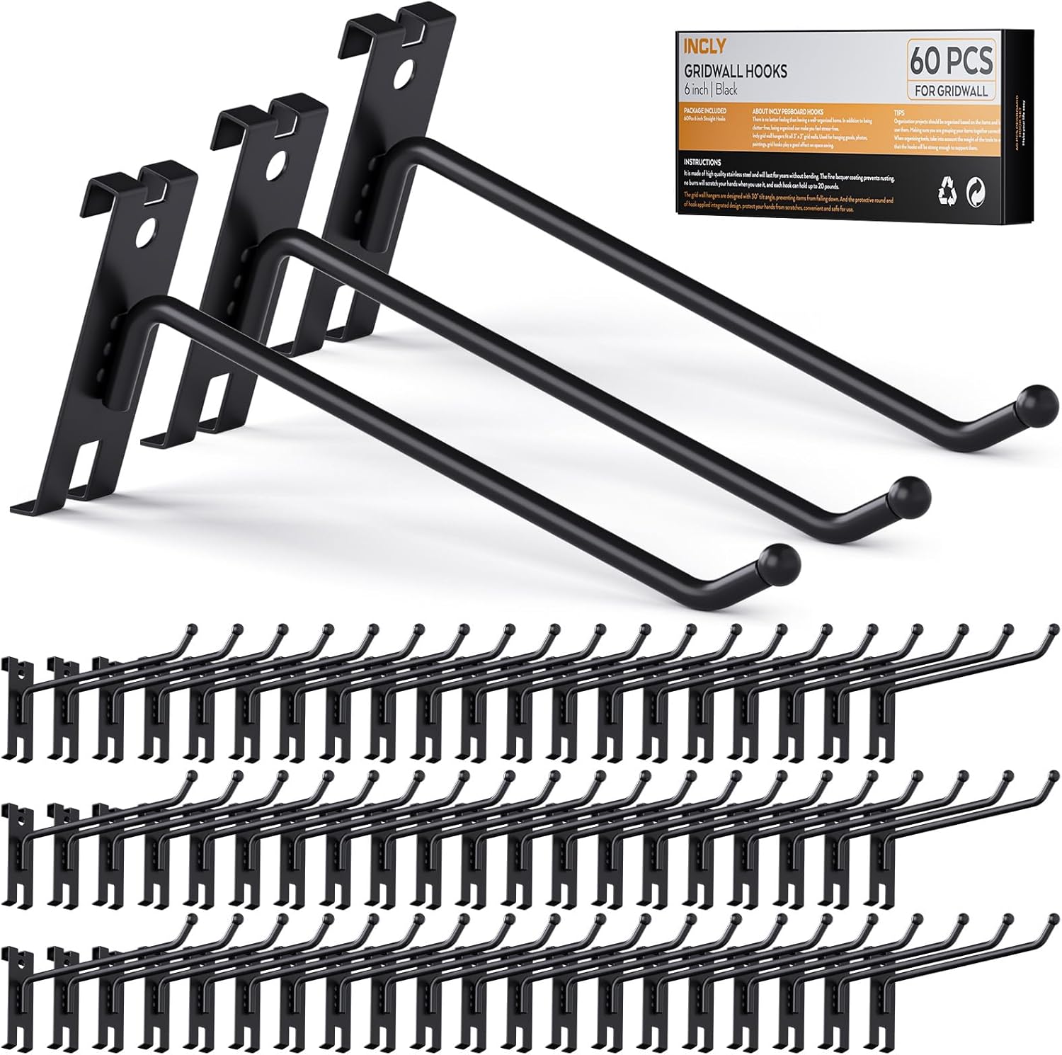 INCLY 6 Inch Gridwall Hooks, 60 Pack Heavy Duty Black Display Hooks for Grid Wall Panels, Gridwall Accessory for Storage Display Clothes in Retail Shop Garage