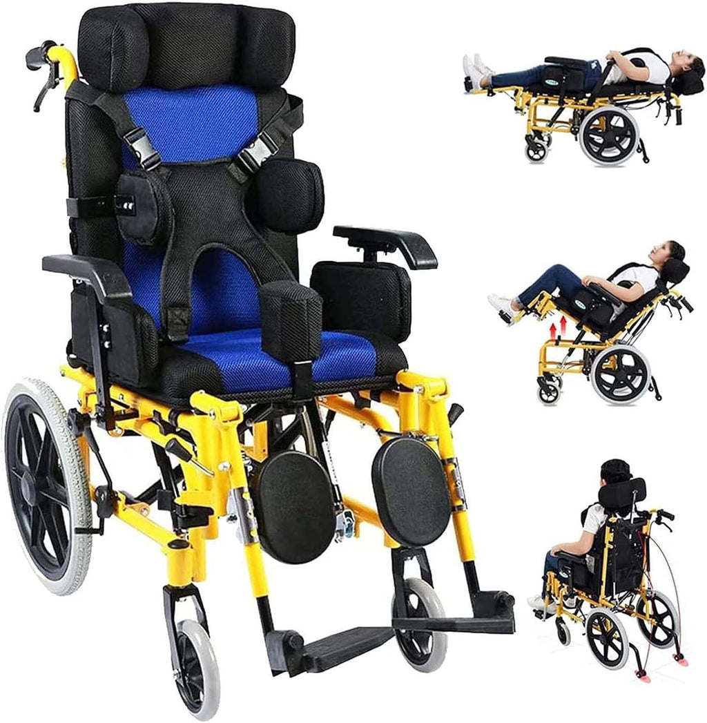 Kids Lightweight Folding Reclining Wheelchair with Adjustable Headrest - Full Lying Ergonomic Design Child Wheelchair, Armrest Height Adjustment, Sitting Position Control - Cerebral Palsy Wheelchair