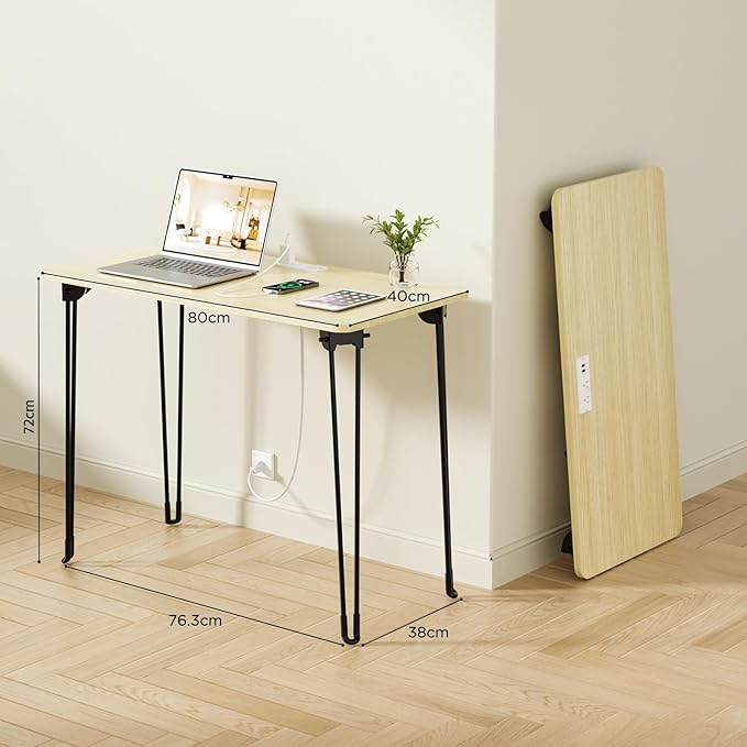 Folding Desk, 31.5" Hairpin Legs Small Desk with Power Strip for Bedroom, Space Saving Foldable Computer Desk for Home Office, No Assembly Need,Beige