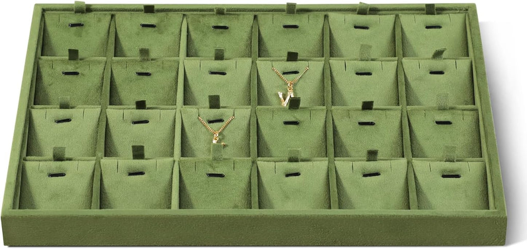 Velvet Necklace Display Tray, Stackable 24 Grid Insert Pendant Necklaces Storage Holder Plate, Jewelry Retail Countertop Organizer (Olive Green)