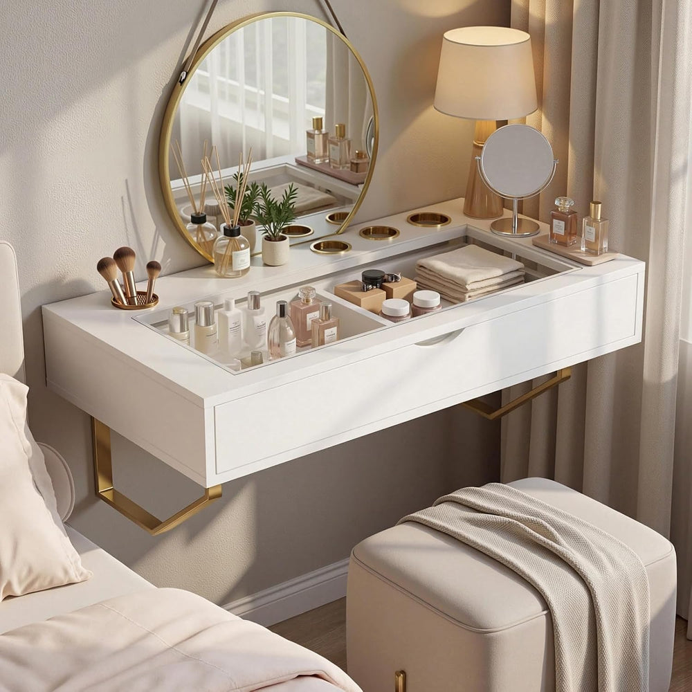 Floating Makeup Vanity Table, 31 inch Wall Mounted Desk for Bedroom, White | ...