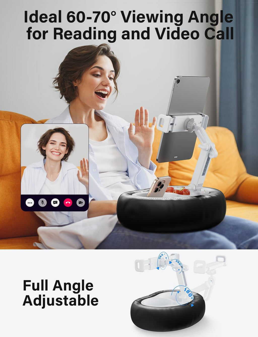 Tablet Kindle Pillow Stand Holder with 2 Trays Fit 4''-13'' Phone/Tablet/Kindle iPad Holder Stand for Bed with Soft PU Leather Reading Accessories Gift for Reading, Black
