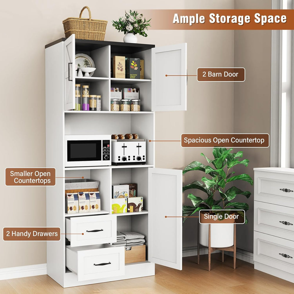 Bigbiglife Farmhouse Kitchen Pantry Cabinet with LED Lights and Power Strip, ...
