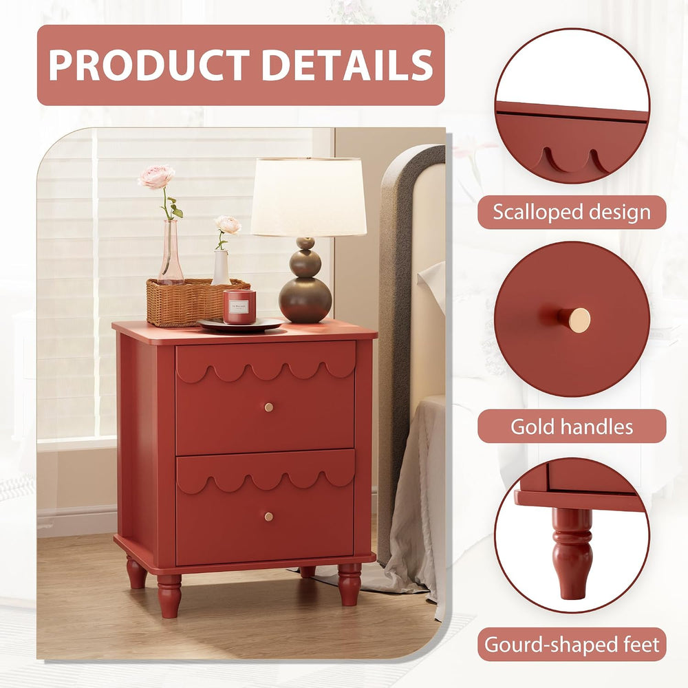 Anbuy Red Nightstand with Petal Pattern, Modern Night Stand with 2 Drawers fo...