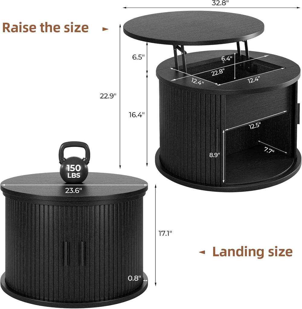 Round Lift Top Coffee Table, 23.6" Fluted Drum Coffee Table with Large H...