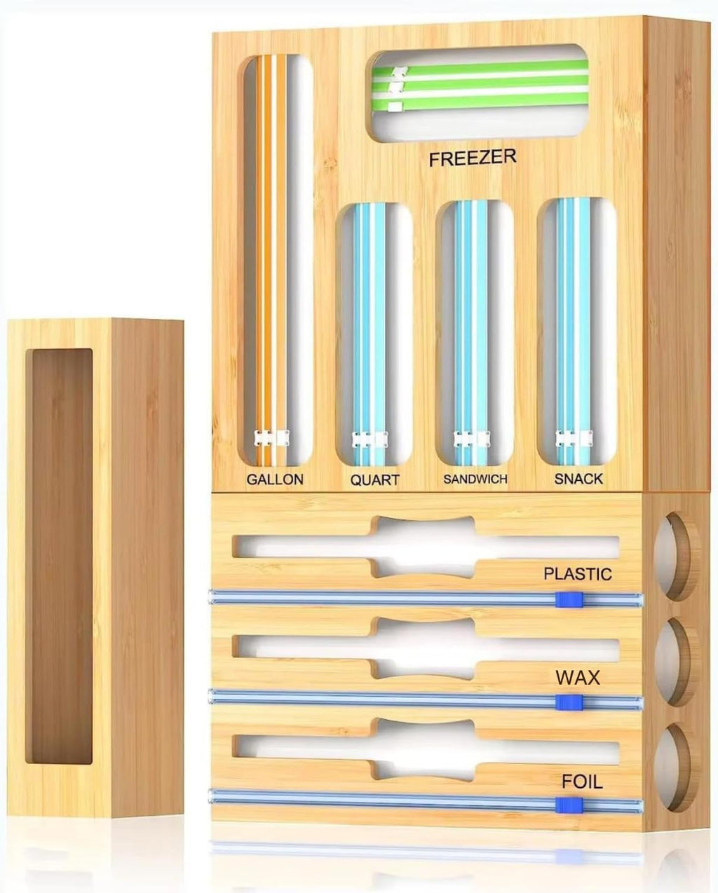 9 IN 1 Storage Bag Organizer for Kitchen Drawer, Bamboo Foil and Plastic Wrap with Cutter, Organizers Compatible Gallon, Quart, Sandwich Snack Size