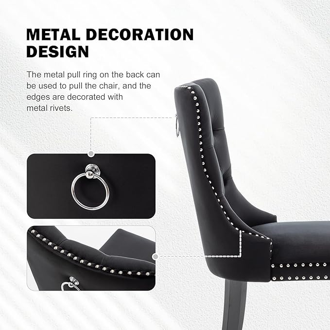 Velvet Dining Chairs Set of 2,Upholstered Dining Chairs with Ring Pull Trim and Button Back,Modern Seating for Kitchen, Bedroom & Living Room(Black)