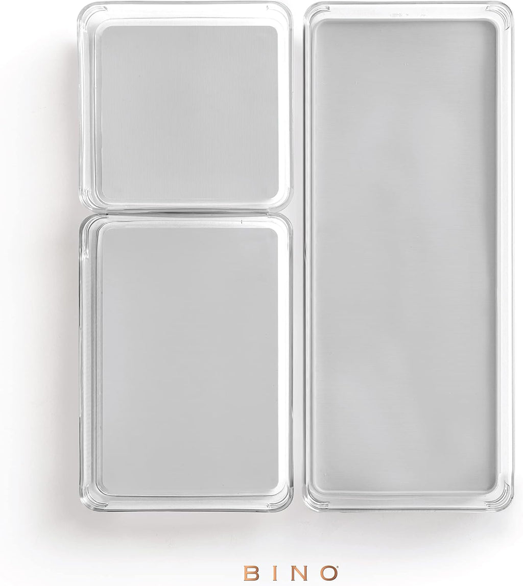 BINO | 3-Piece Drawer Organizer Bin Set - Grey, Large | THE MODULAR+ | Multi-Purpose Storage | Soft-Grip Lining and Non-Slip Rubber Feet | Durable | BPA-Free | Desk Drawer Organizer | Vanity Organizer