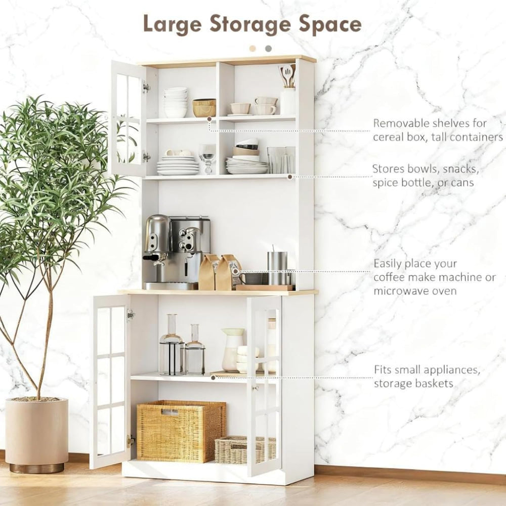 Oak+White Large Countertop Kitchen Pantry Cabinet, Freestanding Storage Cabin...