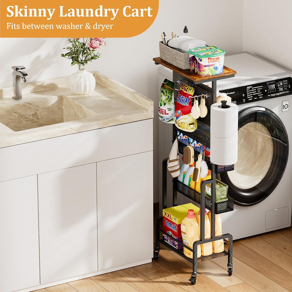 Slim Storage Cart, Narrow Rolling Cart with Wooden Top, Kitchen Cart on Wheels with Paper Towel Holder, Small Skinny Utility Cart for Laundry Room Bathroom, Thin Standing Spice Rack Snack Cart