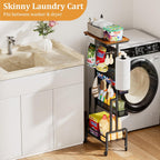 Slim Storage Cart, Narrow Rolling Cart with Wooden Top, Kitchen Cart on Wheels with Paper Towel Holder, Small Skinny Utility Cart for Laundry Room Bathroom, Thin Standing Spice Rack Snack Cart