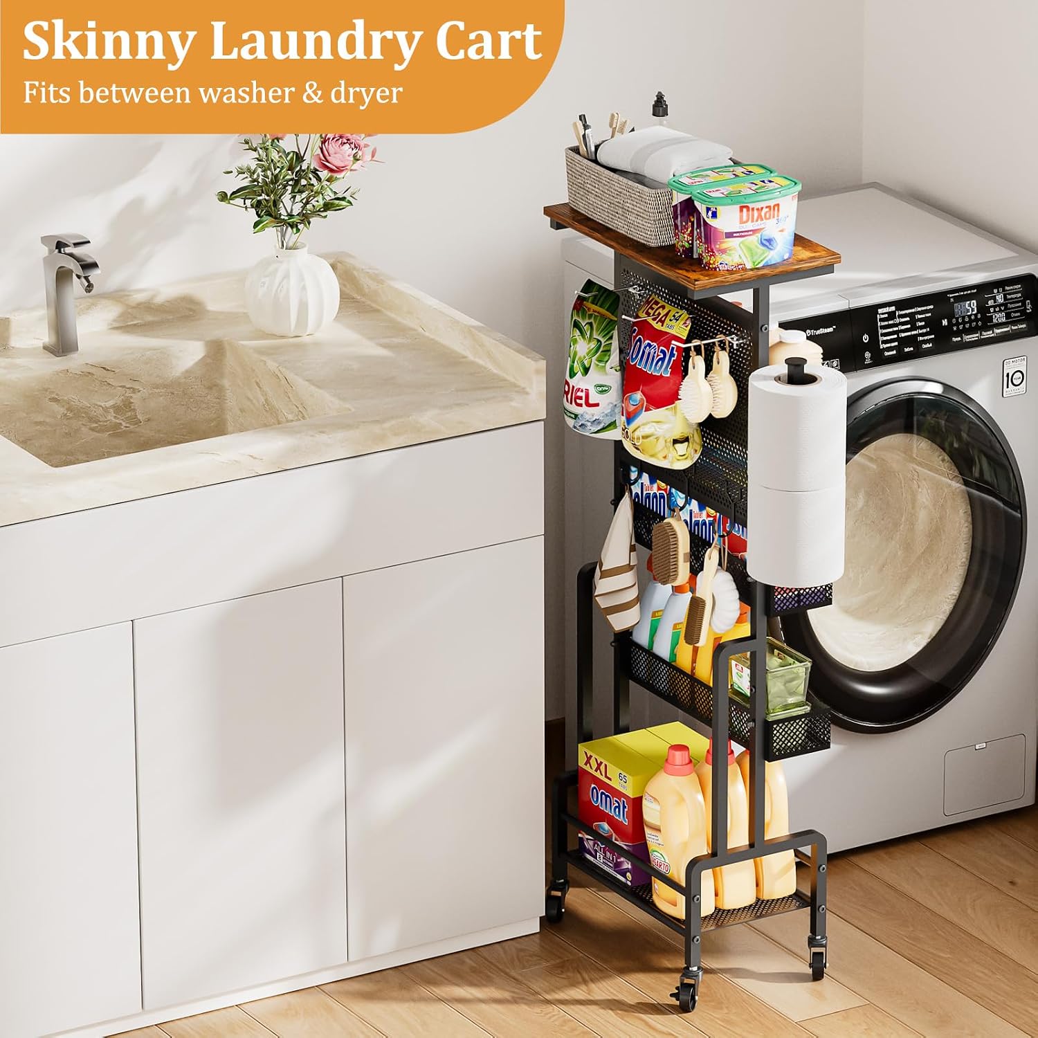 Slim Storage Cart, Narrow Rolling Cart with Wooden Top, Kitchen Cart on Wheels with Paper Towel Holder, Small Skinny Utility Cart for Laundry Room Bathroom, Thin Standing Spice Rack Snack Cart