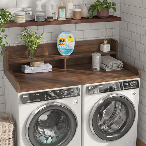 2-Tier Washer Dryer Countertop with 2.75" H Edge Rails, 54" W x 27.55" D Laundry Countertop for Folding Clothes, Washer and Dryer Topper with Non-Slip Pad (Dark Walnut)