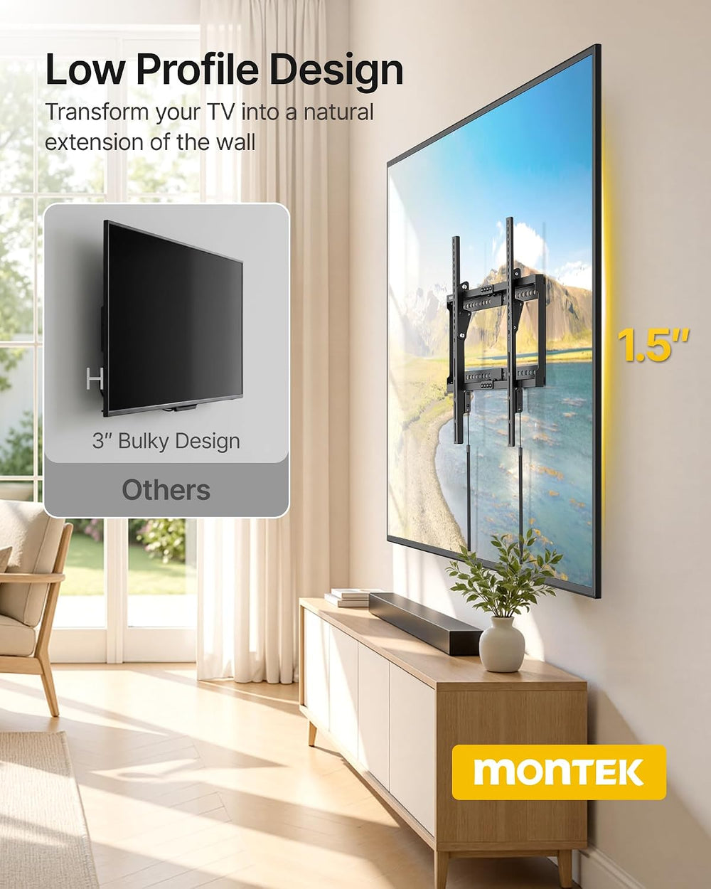 monTEK Tilting Low Profile TV Wall Mount for 37"-86" TVs, Max 165lb...