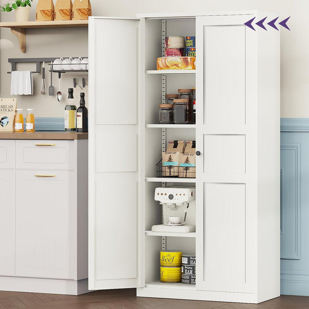 71"Kitchen Pantry Cabinet,White Metal Pantry Cabinet with 2 Doors & ...