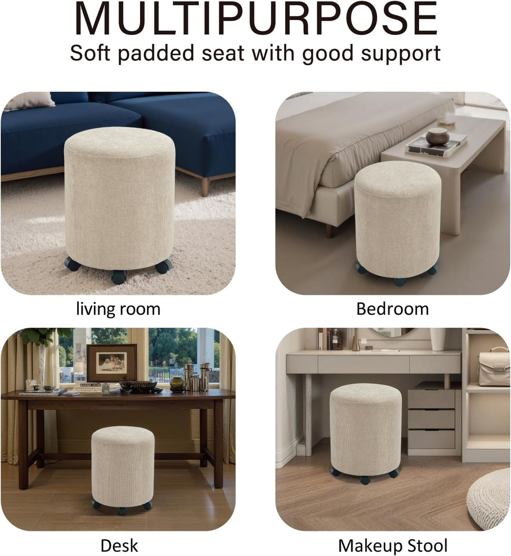 Get Set Style Ottoman with Wheels, Rolling Vanity Stool for Makeup, Upholster...
