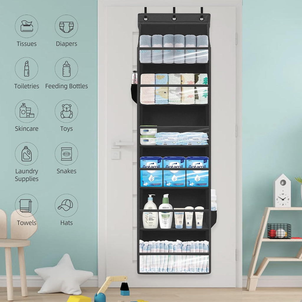 Over Door Organizer with 6 Extra Large Pockets 12 Side Pockets, Sturdy Closet Storage Rack, Hanging Storage Organizer with Clear Window for Shoes, Diaper, Bedroom, Bathroom, Black, 6-Pack