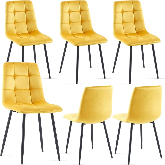 NORDICANA Yellow Velvet Dining Chairs Set of 6, Upholstered Tufted Kitchen Chairs, Comfortable Seat, Metal Leg, Easy Assembly