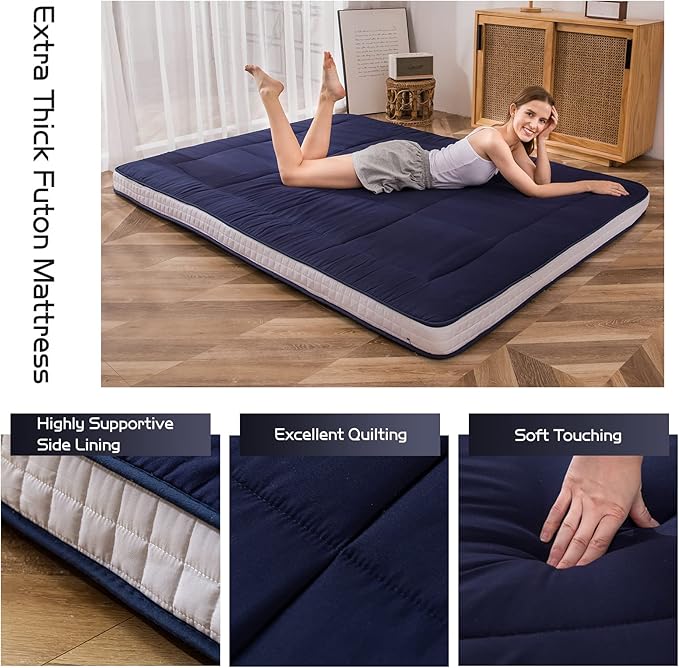 MAXYOYO Futon Mattress, Padded Japanese Floor Mattress Quilted Bed Mattress Topper, Extra Thick Folding Sleeping Pad Breathable Floor Lounger Guest Bed for Camping Couch, Navy, Full