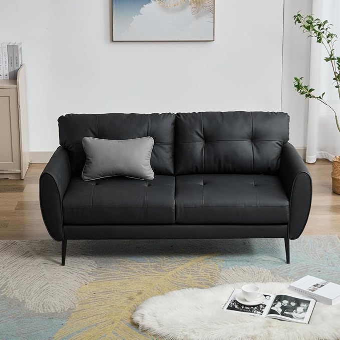 TYBOATLE Sofa Couch 61" Small Loveseat Couches for Living Room, Black Faux Leather Couch Mid Century Modern Tufted Mini Sofa Comfy Office 2 Seat Settee Love Seat Couches for Small Spaces Bedroom