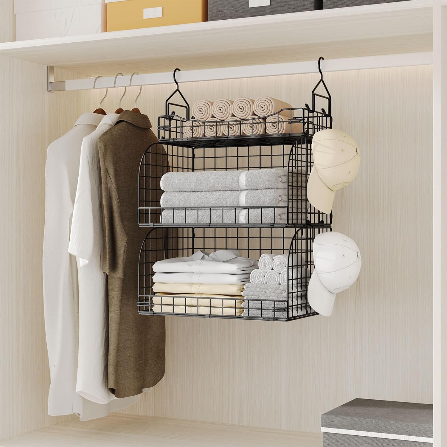 HapiRm Hanging Closet Organizer Storage - 3 Tier Metal Stackable Hanging Closet Shelves with Dividers and S Hooks, Foldable Clothes Shelves for Clothes, Pants, Shoes, Coat, Hats Clutches Accessories