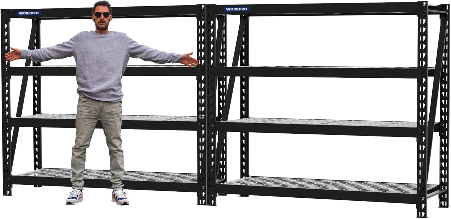 WORKPRO 68" Ultra Wide 4-Tier Metal Garage Shelving Unit, 68"W x 24"D x 65"H, 7200 LBS Capacity, Heavy Duty Storage Utility Rack, Industrial Adjustable Shelves for Shop Warehouse Basement, Pack of 2