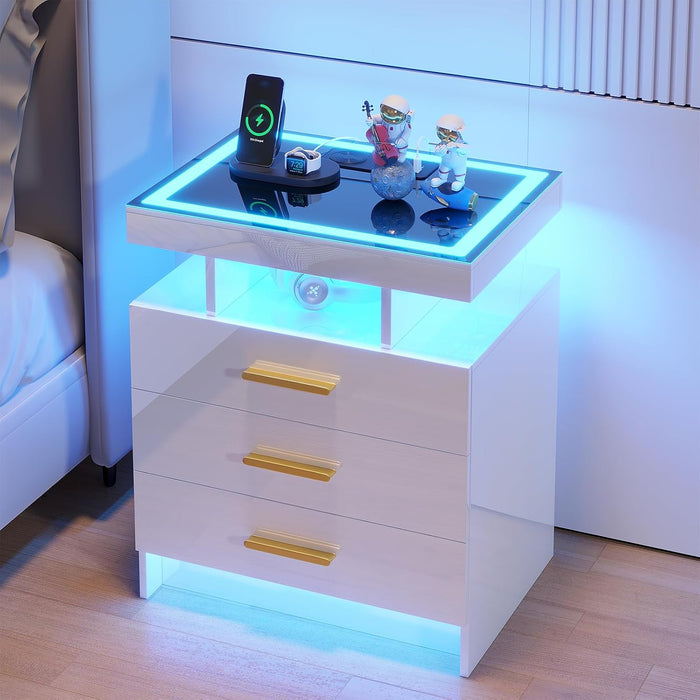 HNEBC LED Nightstand with 3 Color Motion Sensor Lights for Bedroom,White | Smart Bedside Table with USB-C Charging Station,3 Drawers,Tempered Glass Top,High Gloss Night Stand for Living Room,Office