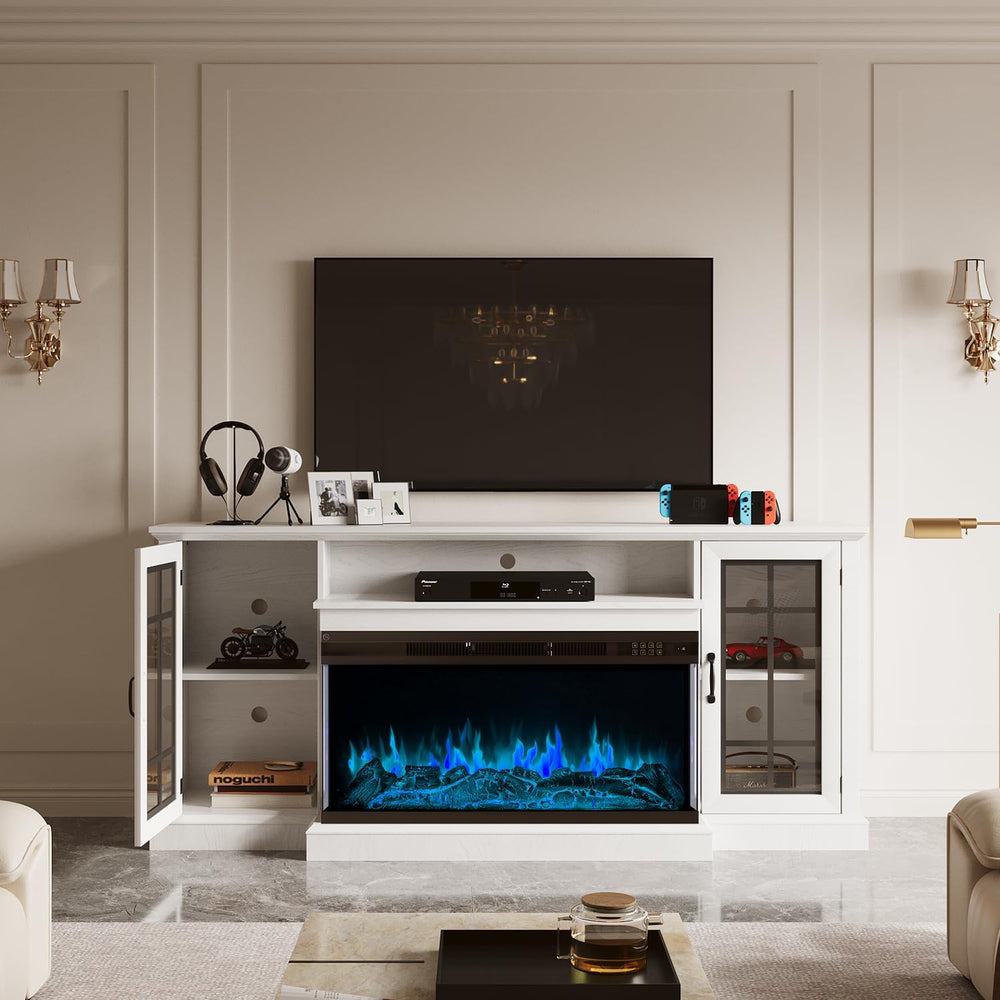 Aoxun 70 Inch TV Stand with 36 Inch Electric Fireplace, 3-Sided Glass TV Cons...