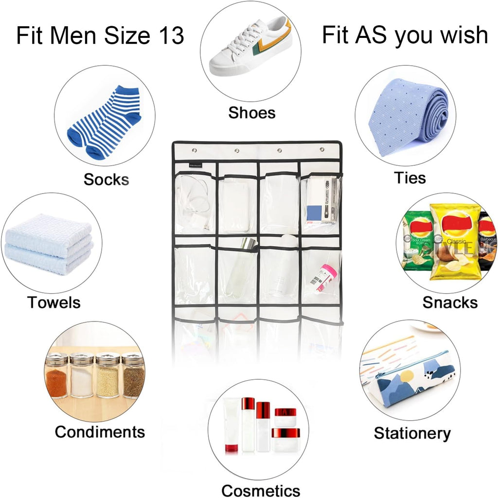 2 Pack Extra Large Hanging Crystal Clear Over Door Shoe Organizers, Closet Shoe Rack Organizer, 12+6 Pockets, 8 Hooks, White (59" x 21.6")