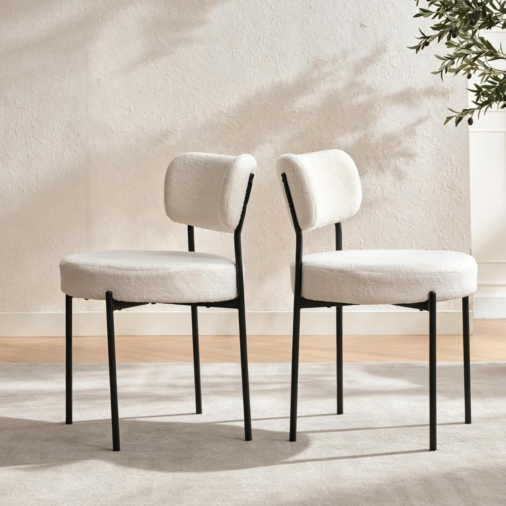 White Boucle Dining Chairs Set of 4, Modern Dining Room Chair with Larger Cur...