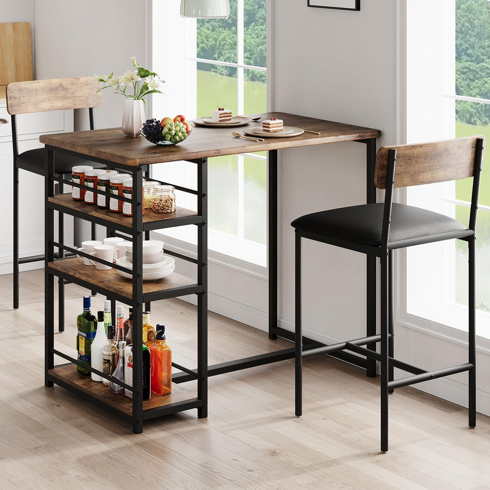 GAOMON Rustic Brown 3-Piece Counter Height Bar Kitchen Table Set with 3 Stora...