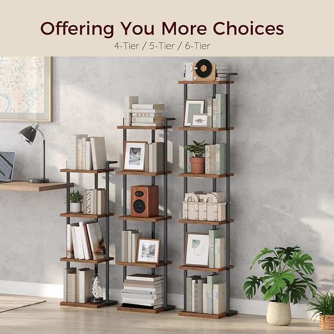 Bookshelf, 6-Tier Bookcase, Vertical Tall Narrow Book Shelf for Small Space, Open Storage Display Shelf with Stable Base & Anti-Tip Kits, for Living Room, Study, Rustic Brown BKHR11601