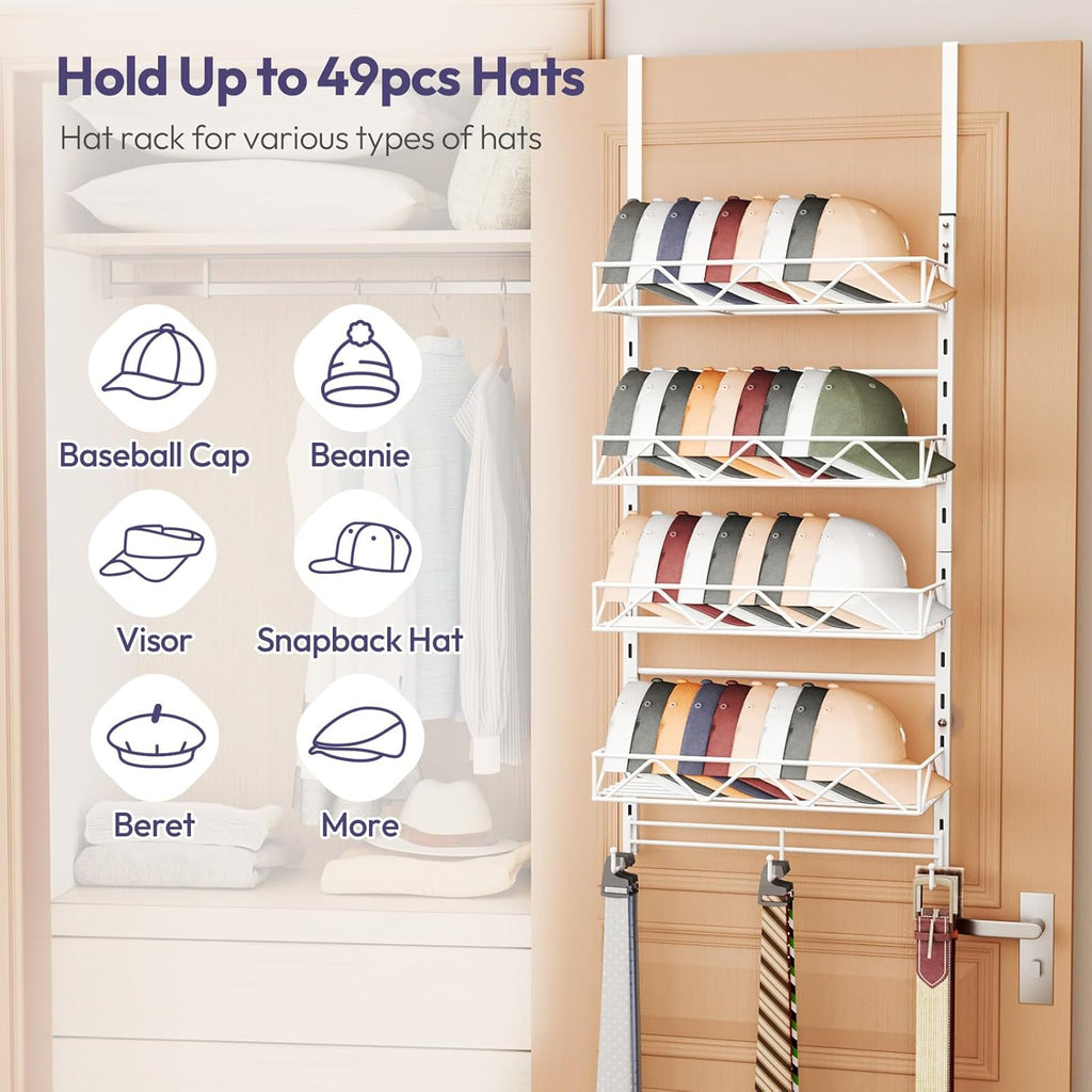 SWTYMIKI Over Door Hat Organizer - 5 Tier Wall Mounted Hat Rack with 4 Adjustable Metal Basket and 3 Hooks, Hanging Baseball Cap Organizer Storage Holds up to 49 Caps for Door, Bedroom, Closet