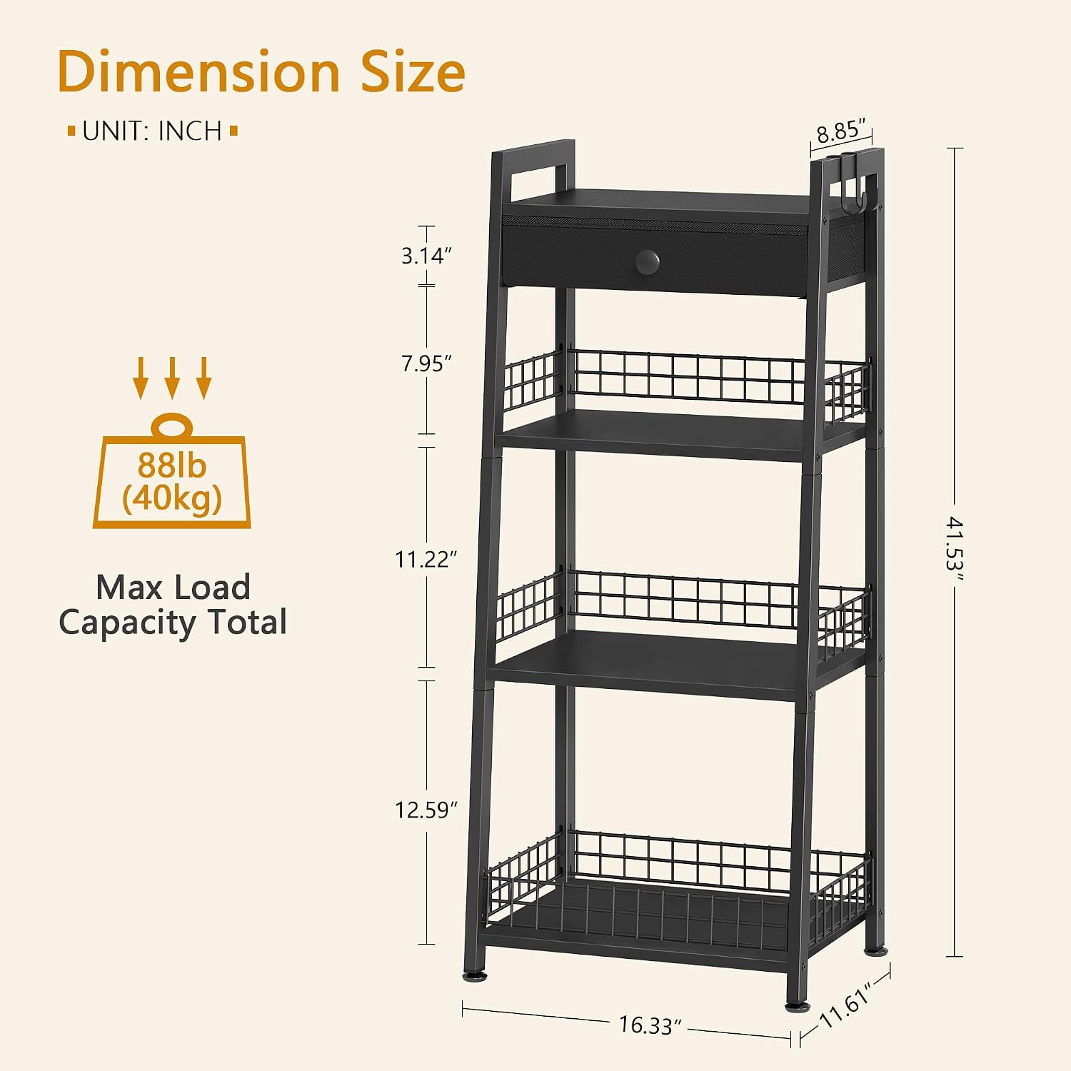 Gewudraw Bathroom Ladder Shelf with Drawer, 4-Tier Bathroom Storage, Black | Bathroom Table Stand for Small Spaces, Bathroom Storage for Living Room, Bedroom, Kitchen, Bathroom Organizer Standing Shelf