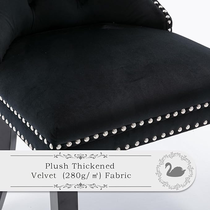 Velvet Upholstered Dining Chairs Set of 6, Modern Style Kitchen Side Chairs with Nailhead Trim and Wood Legs,Metal Pulling Ring for Dining Room Living Room(Black,Set of 6)