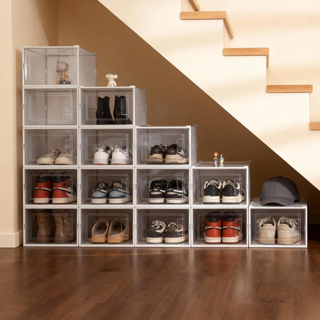 Shoe Boxes, Stack Without Toppling Modular storage boxes combine freely for use in closets, under beds, hallways, and entryways. Space-saving. (Transparent, 6 Pack)