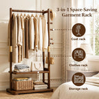 Taitiy Coat Rack Solid Wood Clothes Rack with 2 Shelves & 5 Hooks for Hanging Clothes Garment Wallets Hats, Clothing Rack Heavy Duty Coat Rack Freestanding with Storage Hall Tree for Hallway Bedroom
