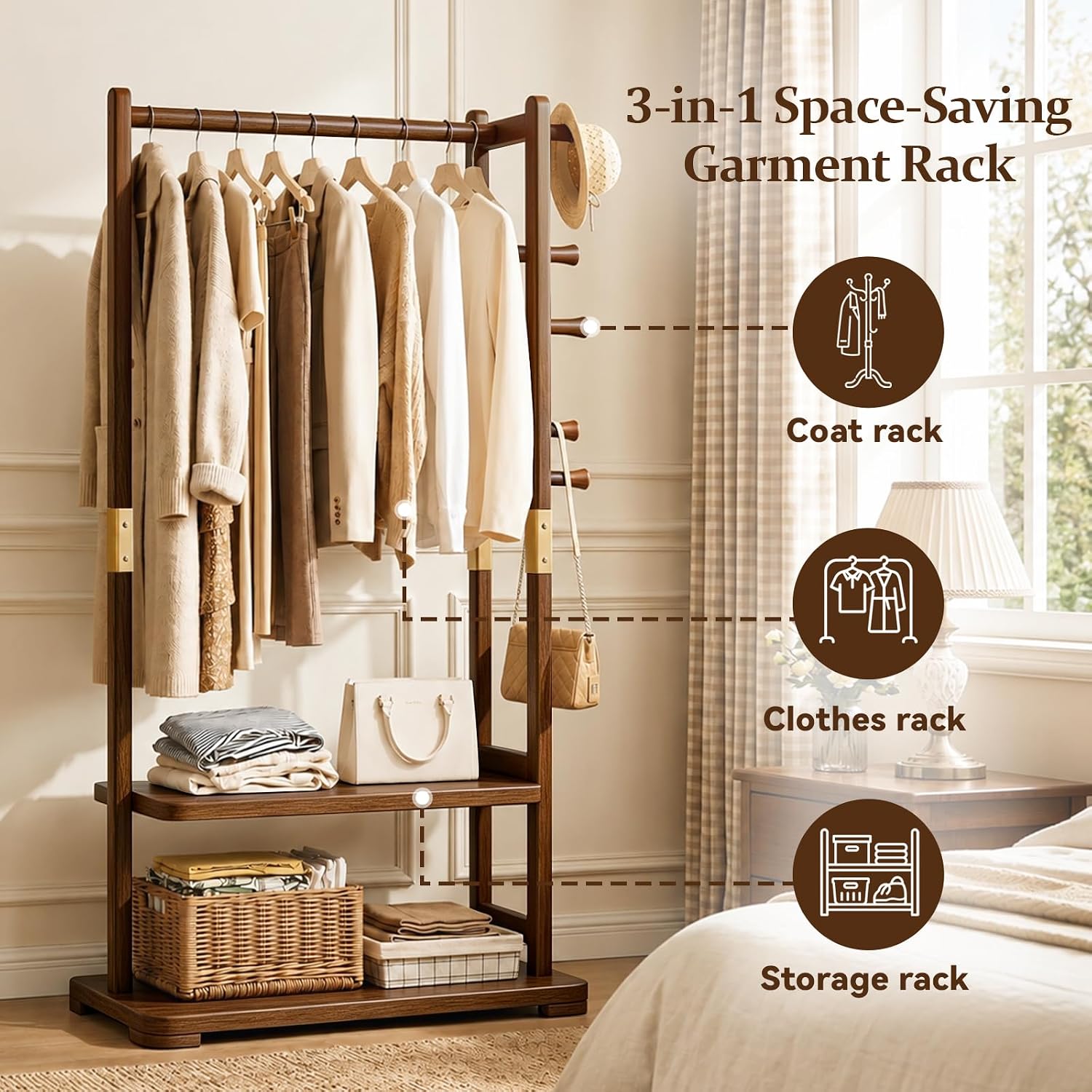 Taitiy Coat Rack Solid Wood Clothes Rack with 2 Shelves & 5 Hooks for Hanging Clothes Garment Wallets Hats, Clothing Rack Heavy Duty Coat Rack Freestanding with Storage Hall Tree for Hallway Bedroom