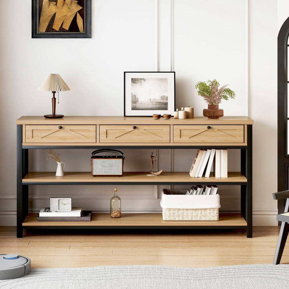 HSH Sofa Table with Storage, 55” Wood Entryway Table with 3 Drawers, 3 Tier C...