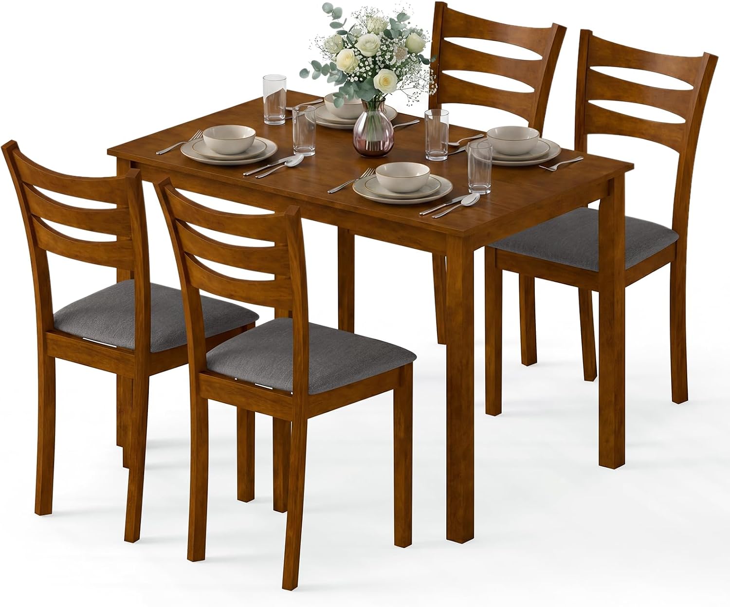 Giantex Dining Table Set for 4, Rectangular Kitchen Table Set w/ 4 Upholstered Chairs & Solid Rubber Wood Frame, Space-Saving Farmhouse Dinette Set for Small Space, Dining Room, Breakfast Nook