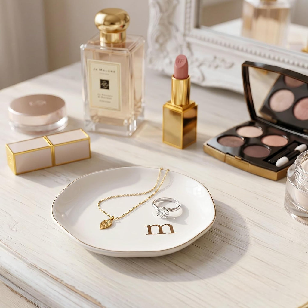 Ceramic Jewelry Tray, Personalized Initial Jewelry Dish for Rings Earrings Necklaces Bracelets, White Letter M Initial Ring Dish for Vanity, Birthday Mother's Day Christmas Gift for Women, 4.5 Inch