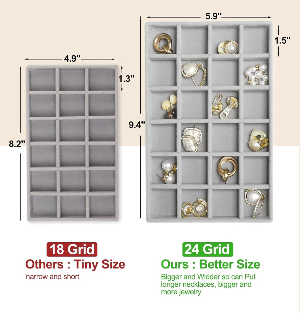 Jenseits Set of 4 Stackable Jewelry Organizer Trays for Drawers, Jewelry Drawer Inserts with Removable Dividers, Velvet Jewelry Container Display Case Storage for Earring Necklace Rings Bracelet, Grey