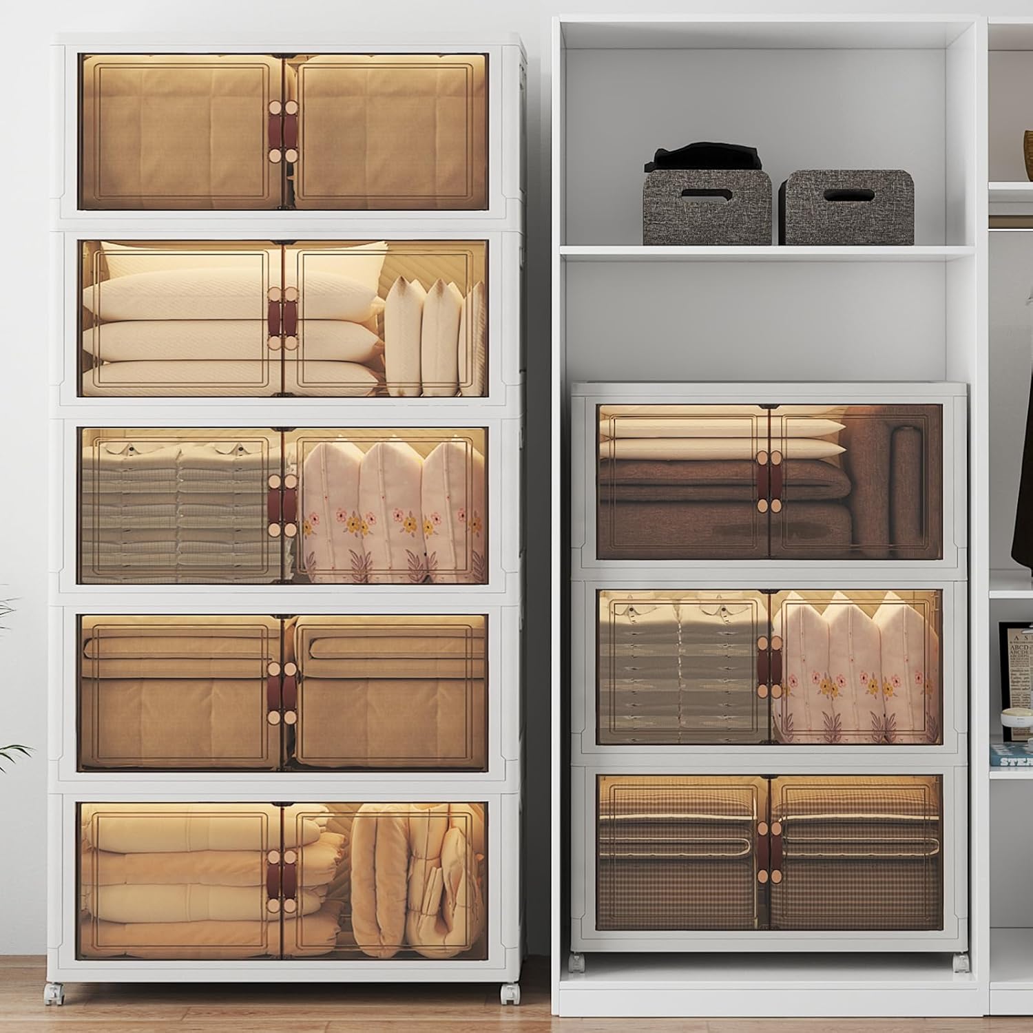 1280Qt Stackable Storage Bins with Lids, 8 Pack Large Collapsible Bins with Wheels, Plastic Cabinet with Doors, Foldable Closet Organizers and Storage for Home, Dorm, Office, White