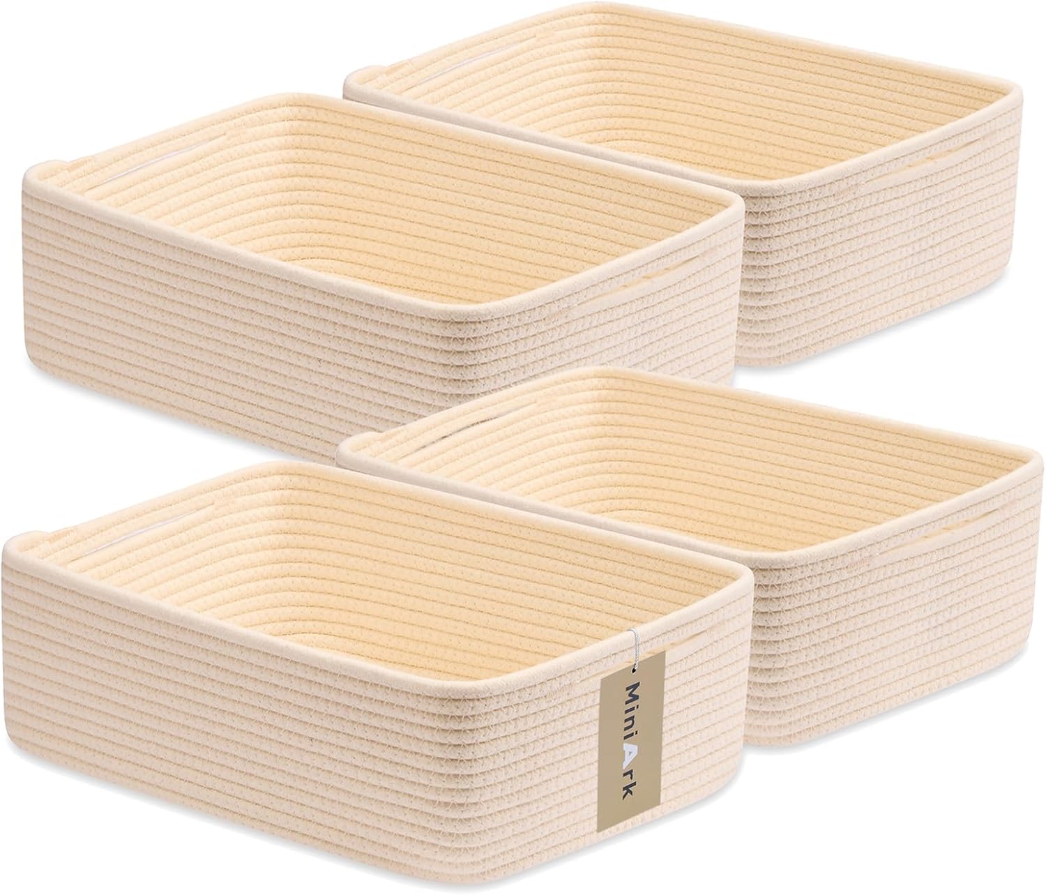 Large Shallow Organizing Baskets 15x11x5.1 Inches - Rope Woven Storage Bins for Bathroom, Shelves, Cube Closet, Beige 4 Packs