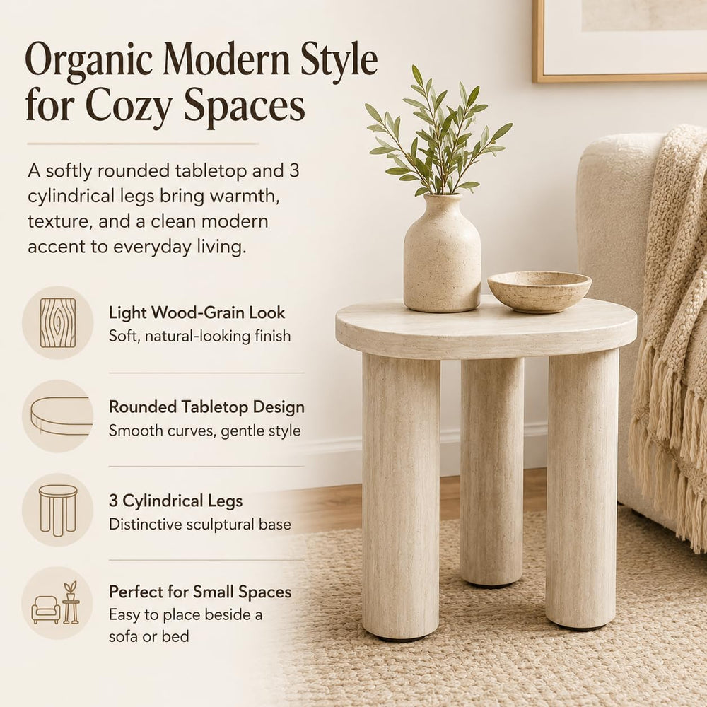 Small Round Side Table, Light Wood Grain End Table with 3 Cylindrical Legs, M...