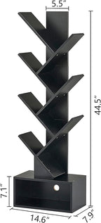 Hoctieon 6 Tier Tree Bookshelf, Tall Bookcase with Drawer, Freestanding Book Shelf, Display Floor Standing Storage Shelf, Book Organizer Shelves for Home Office, Living Room, Bedroom, Black
