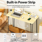 Mini Desk No Assembly Required, 31.5" Small Desk for Bedroom with Power Outlet & Hairpin Legs, 31.5" Foldable Desks for Small Spaces & Home Office, Beige Floor Patten