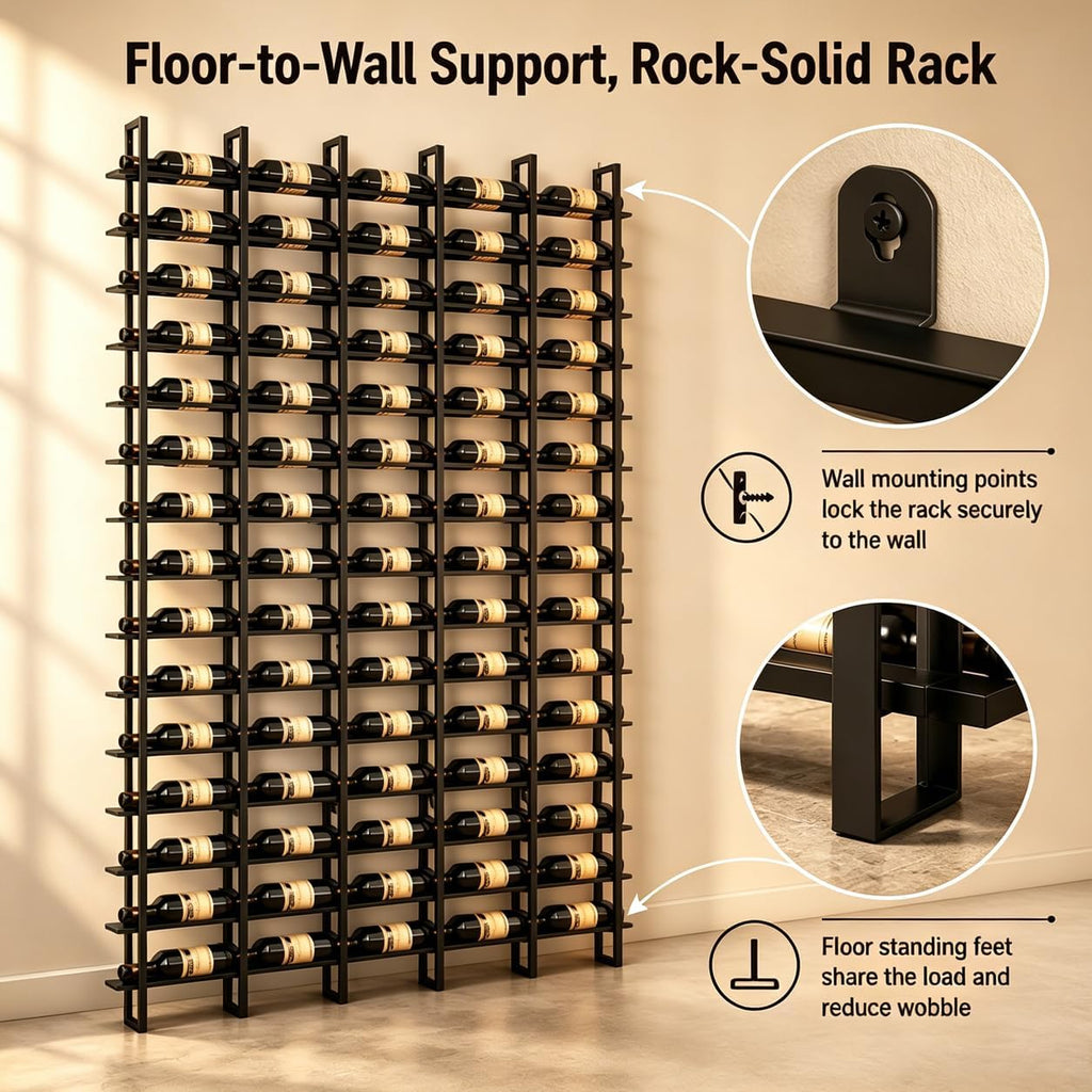 Large Wall Mount Wine Rack, 16 Tier 64 Bottle Wine Storage Organizer Display Holder, Metal Liquor Display for Wine Cellars, Home Bars, Kitchens, and Dining Rooms (Black, 64 Bottles)